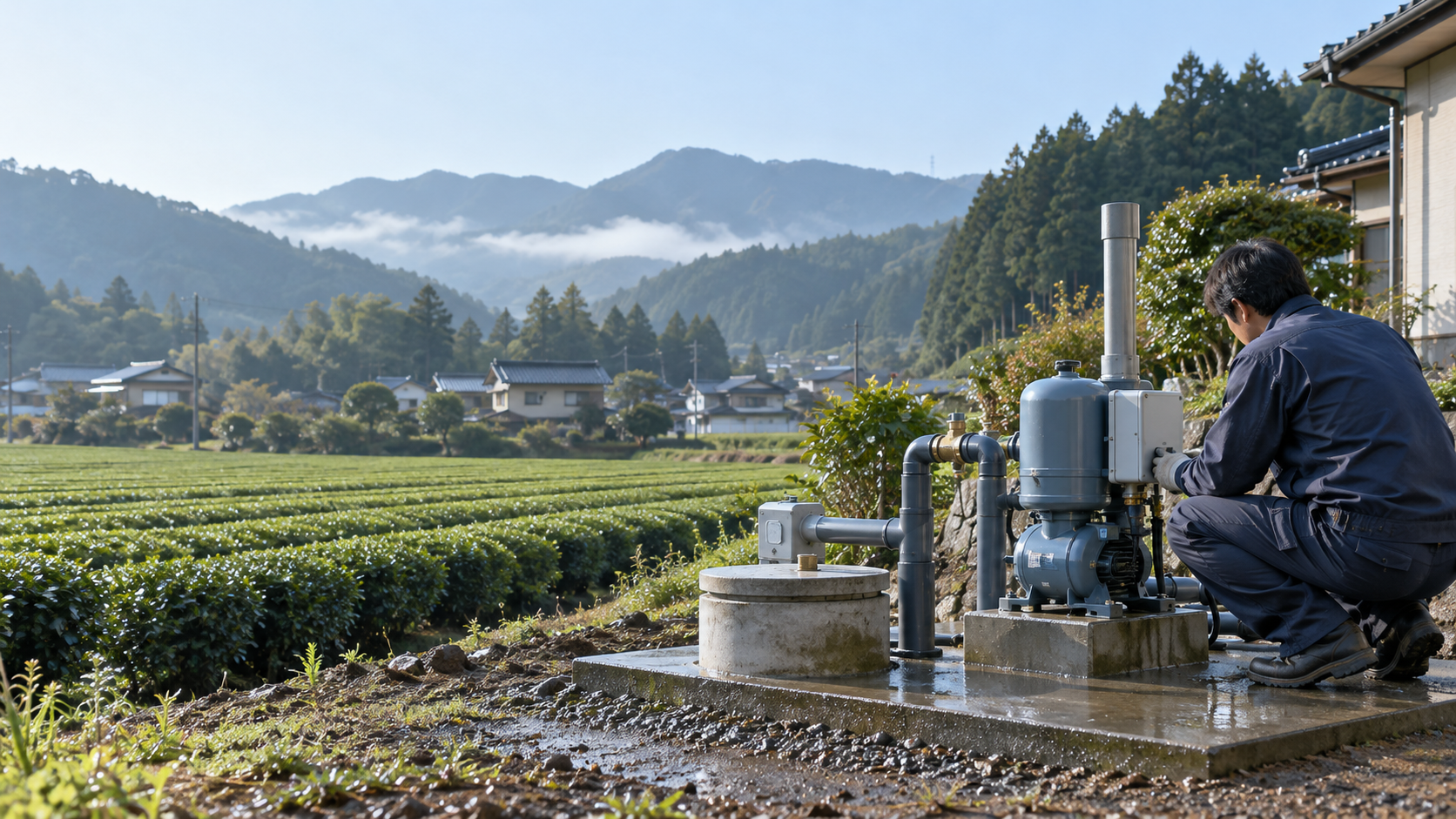 静岡の茶畑近くで井戸ポンプ設備を点検する作業者